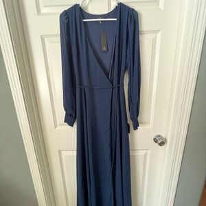 Lulu's Navy Wrap Maxi Dress with Long Sleeves